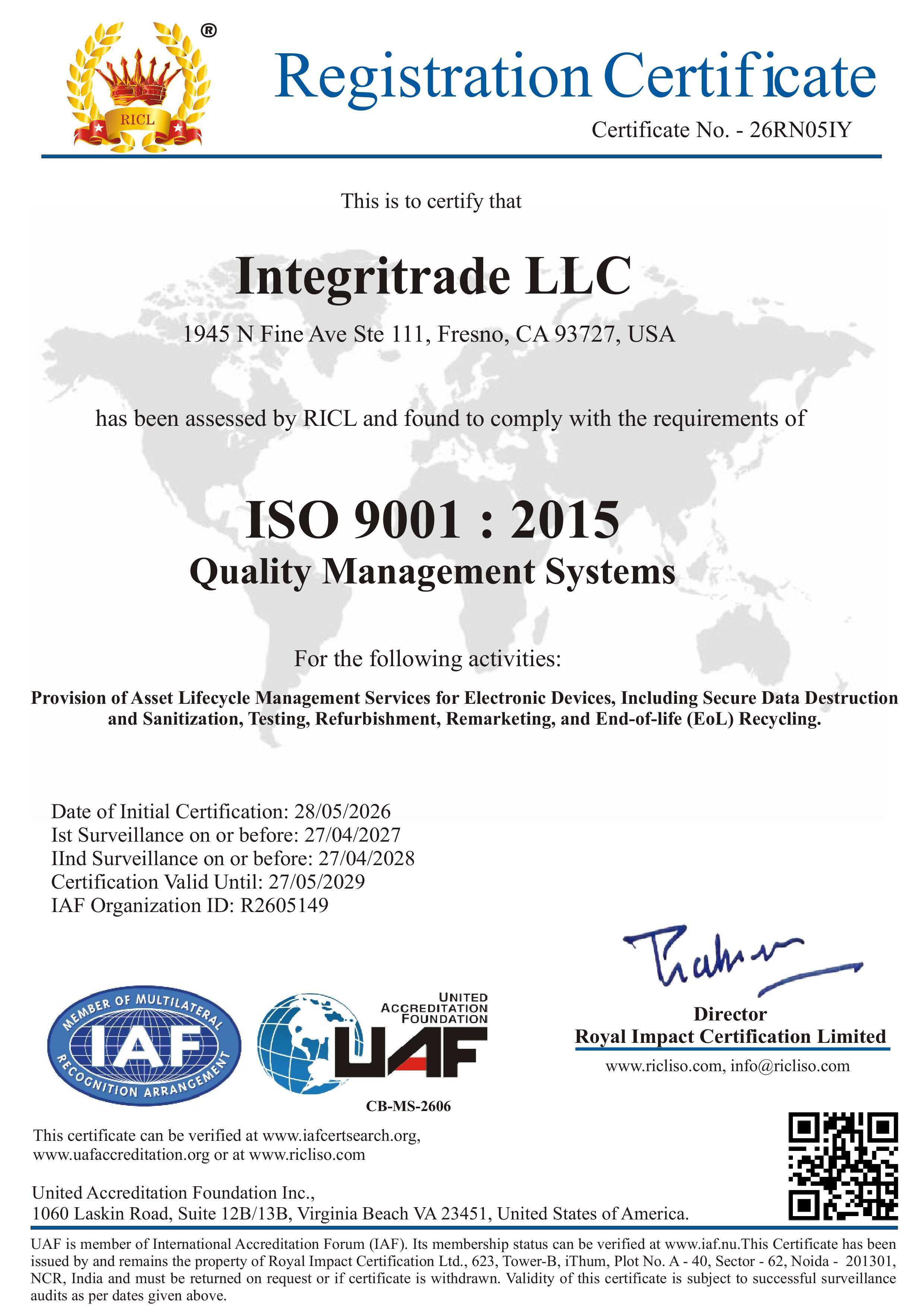 Royal Impact Certification Ltd. ISO 9001 Certificate